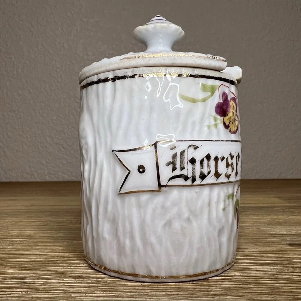 Antique Victorian Porcelain Horseradish Pot Jar Hand Painted Floral Gilt Lid